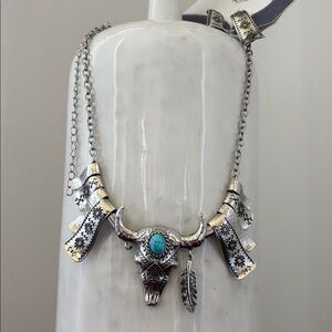 YMI 16”Necklace/Earring Set,bull head, silver tone,faux turquoise stones